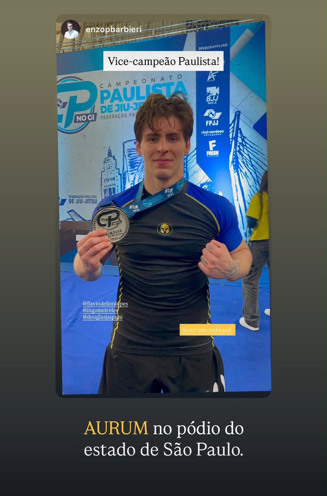 Story de cliente da AURUM: vice-campeão paulista de jiu-jítsu vestindo AURUM
