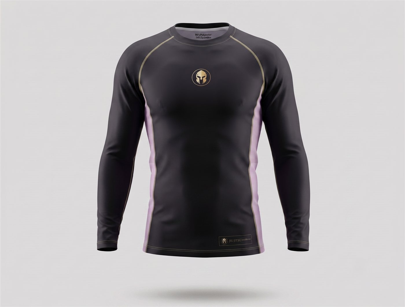 Rashguard AURUM Excellence preta com detalhes rosa e dourado — frente