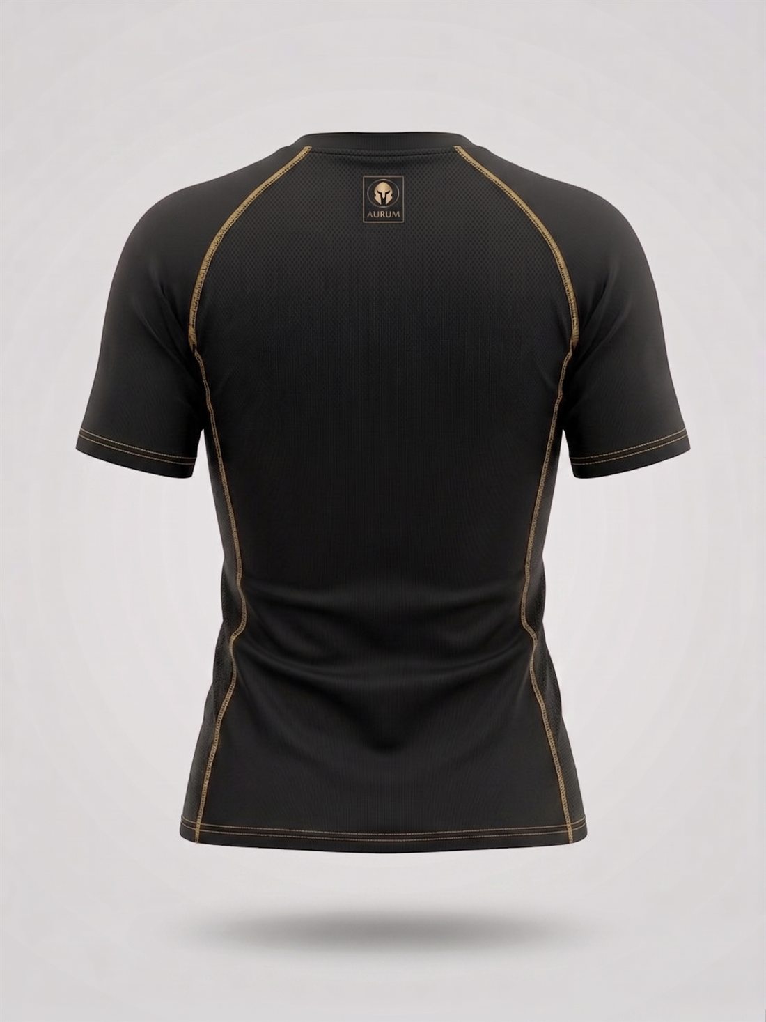 Rashguard AURUM Excellence preta feminina manga curta — pesponto dourado, costas