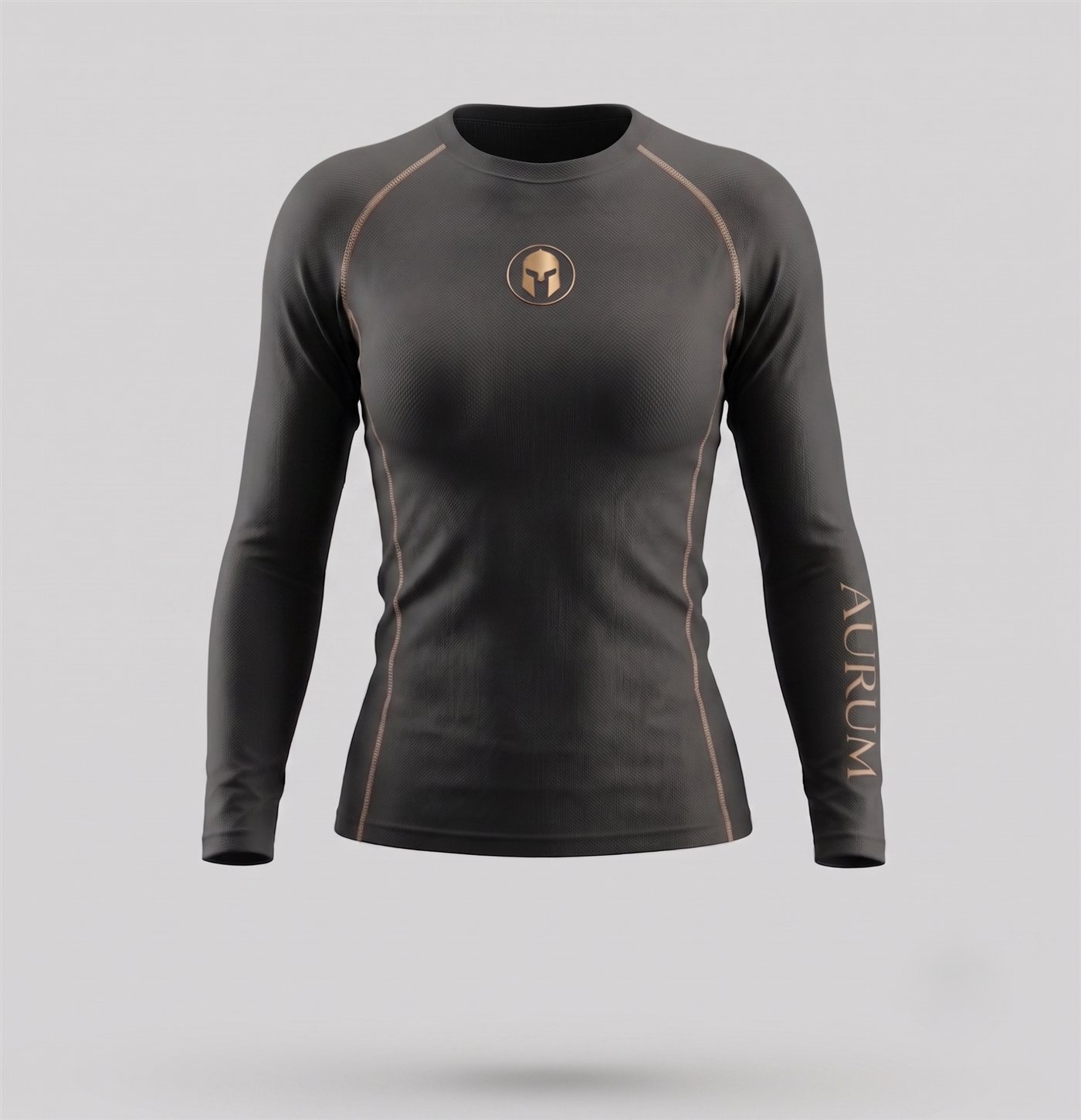 Rashguard AURUM Excellence preta feminina manga longa — logo e AURUM dourados, frente