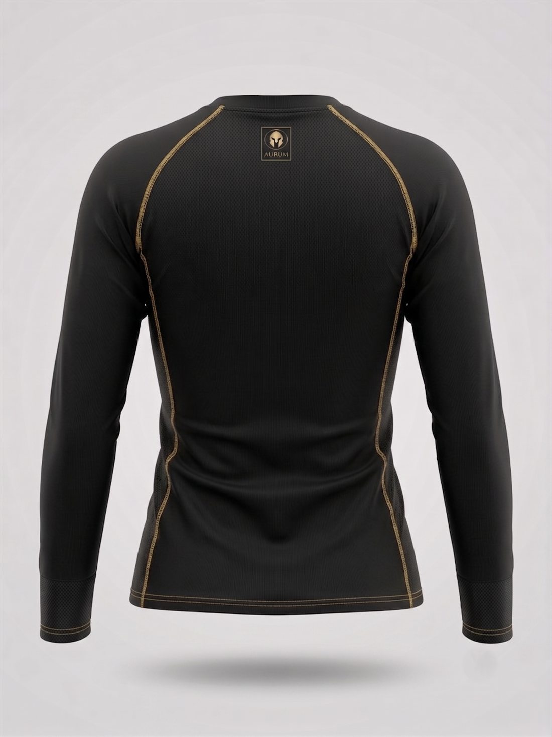 Rashguard AURUM Excellence preta feminina manga longa — pesponto dourado, costas