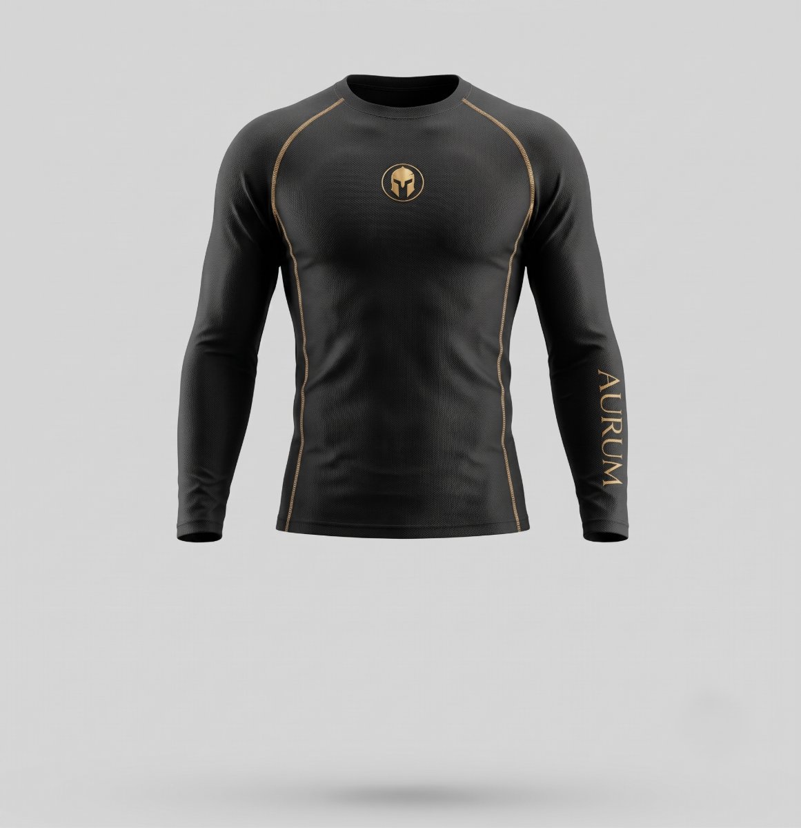 Rashguard AURUM Excellence preta manga longa — logo e AURUM dourados, frente