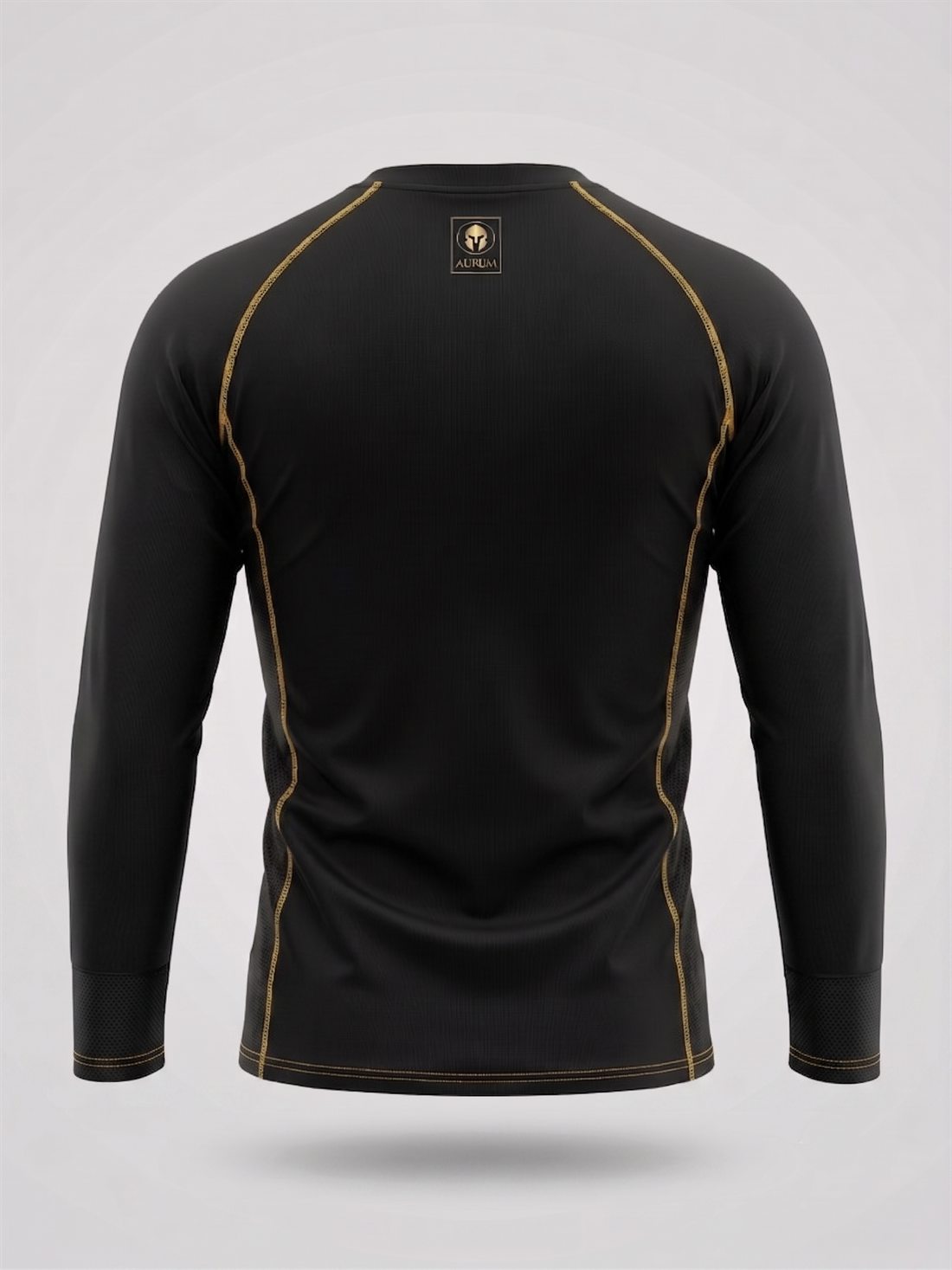 Rashguard AURUM Excellence preta manga longa — pesponto dourado, costas