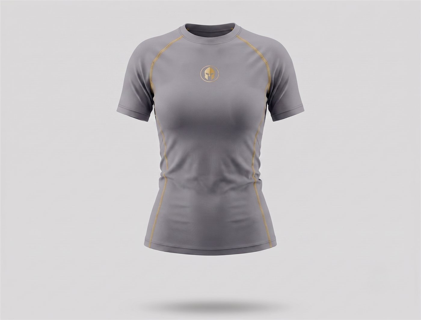 Rashguard AURUM Excellence cinza feminina — logo e AURUM dourados, frente