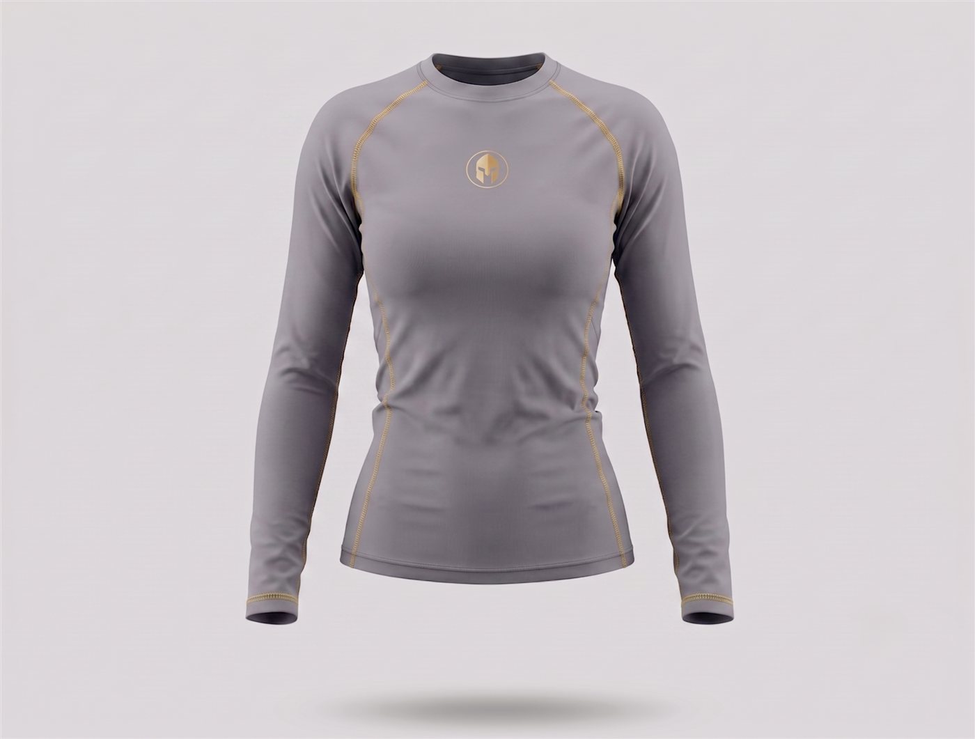 Rashguard AURUM Excellence cinza feminina manga longa — logo e AURUM dourados, frente