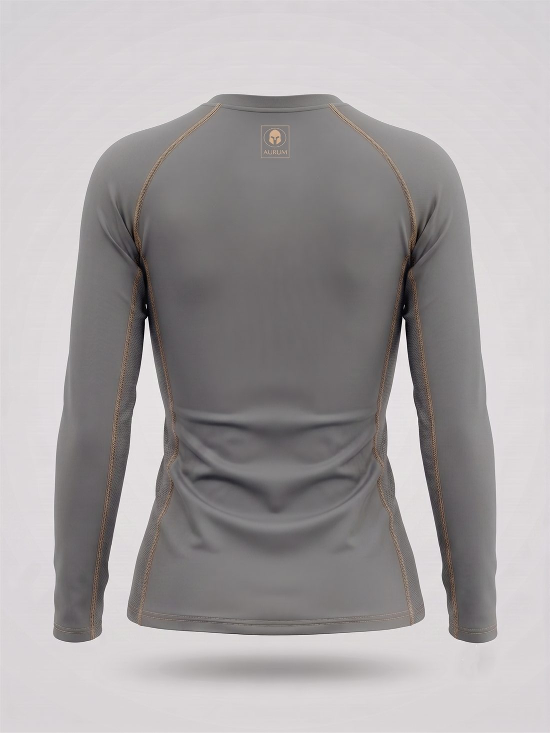 Rashguard AURUM Excellence cinza feminina manga longa — pesponto dourado, costas