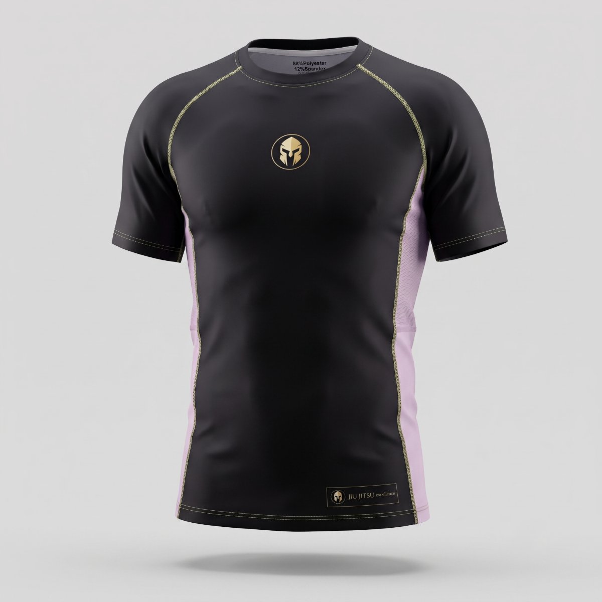 Rashguard AURUM Excellence preta com detalhes rosa e dourado — manga curta, frente