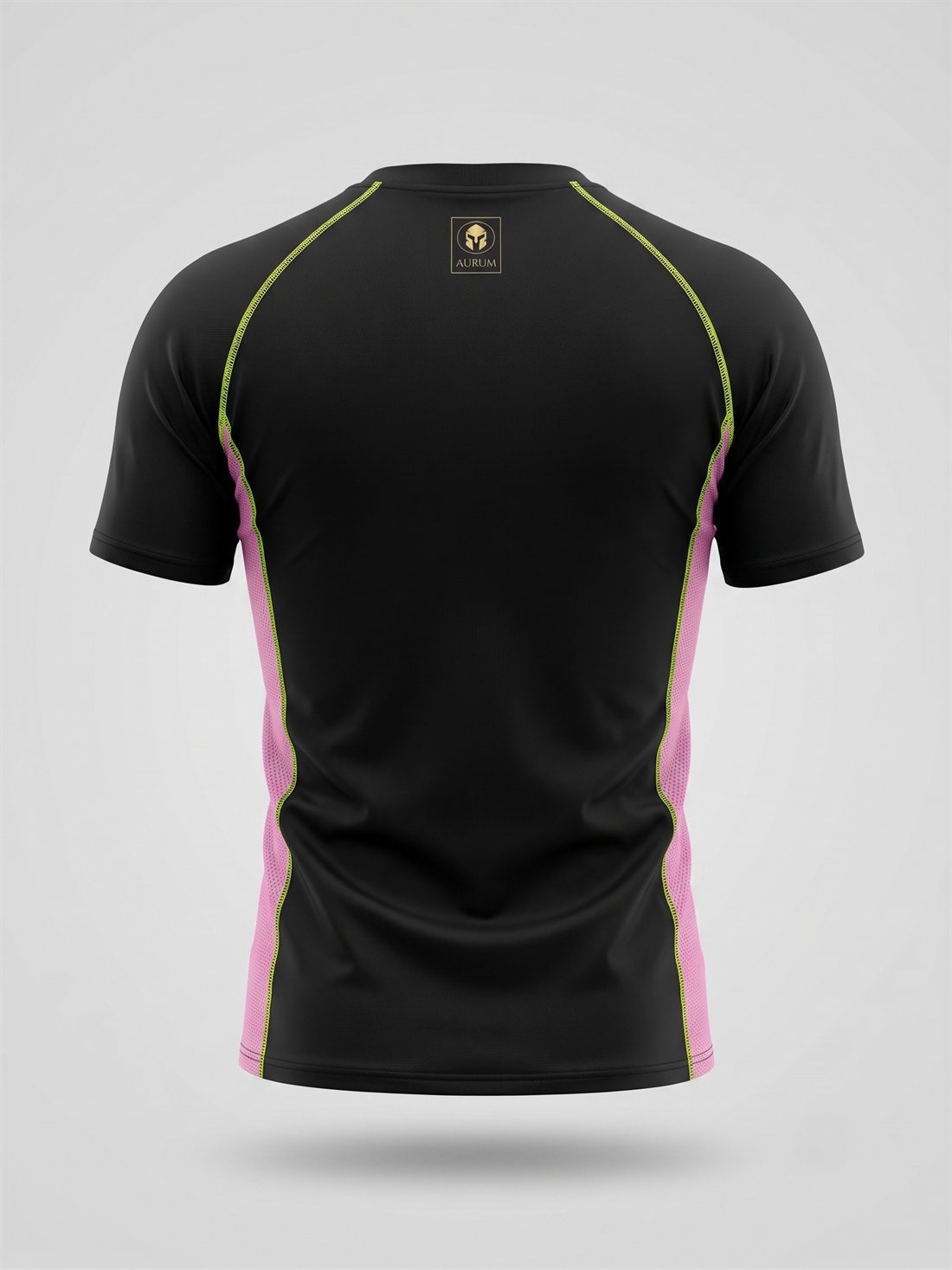 Rashguard AURUM Excellence preta com detalhes rosa e dourado — manga curta, costas