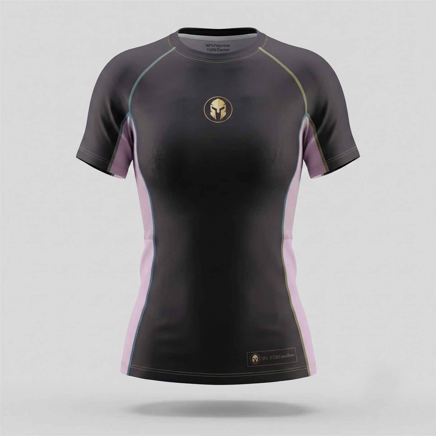 Rashguard AURUM Excellence preta com detalhes rosa e dourado — feminina manga curta, frente