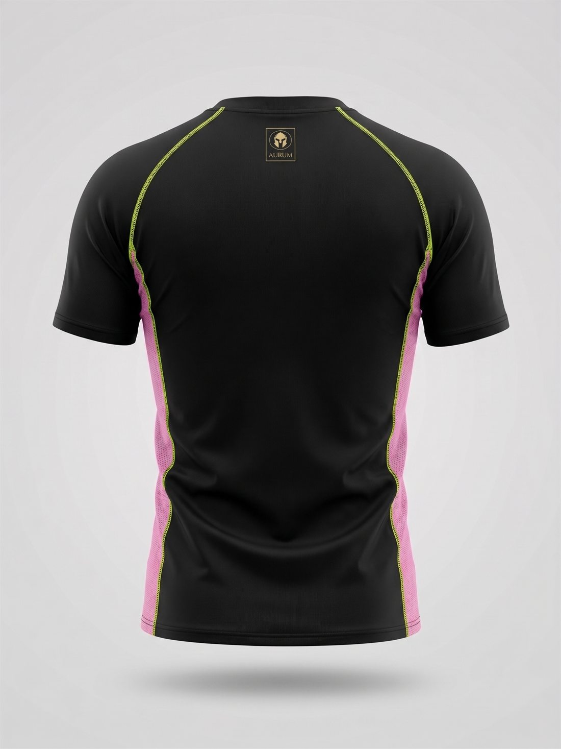 Rashguard AURUM Excellence preta com detalhes rosa e dourado — feminina manga curta, costas