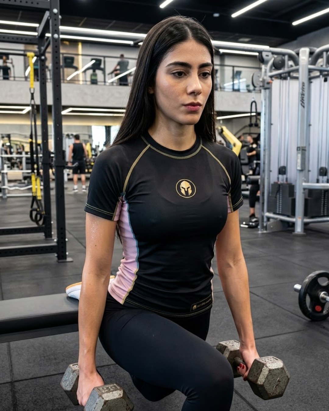 Rashguard AURUM Excellence preta e rosa feminina manga curta — vestida, no treino