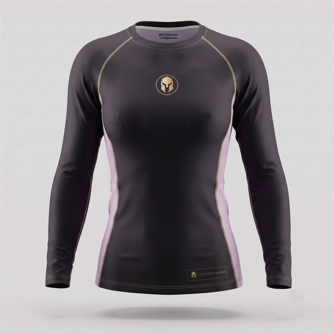 Rashguard AURUM Excellence preta com detalhes rosa e dourado — feminina manga longa, frente