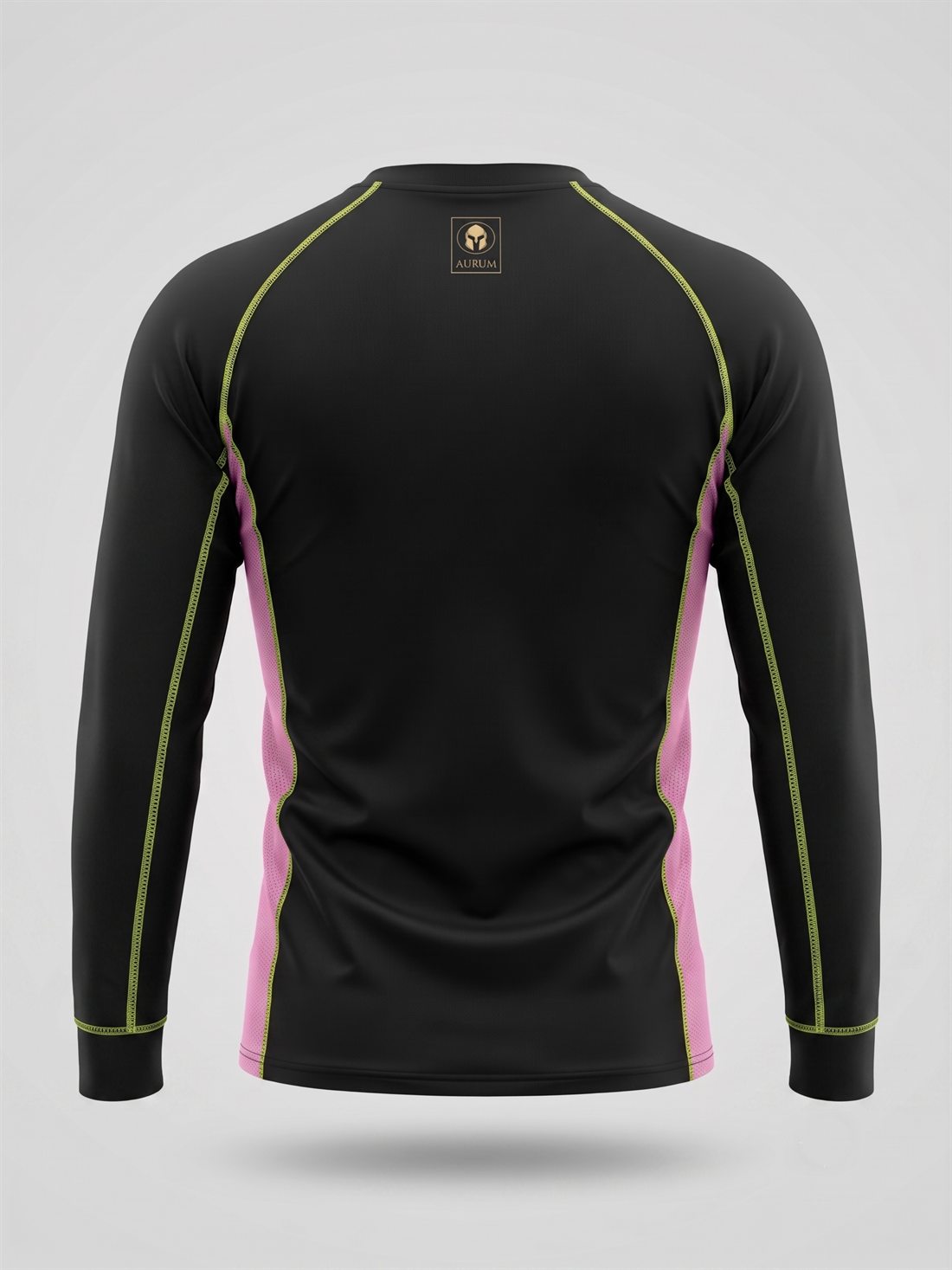 Rashguard AURUM Excellence preta com detalhes rosa e dourado — costas