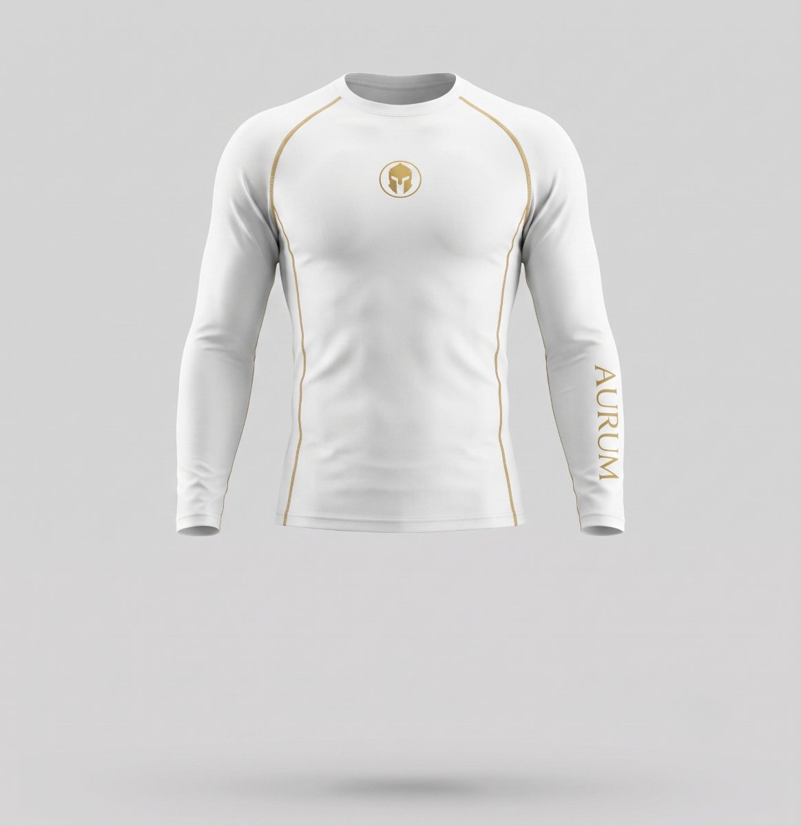 Rashguard AURUM Excellence branca manga longa — logo e AURUM dourados, frente