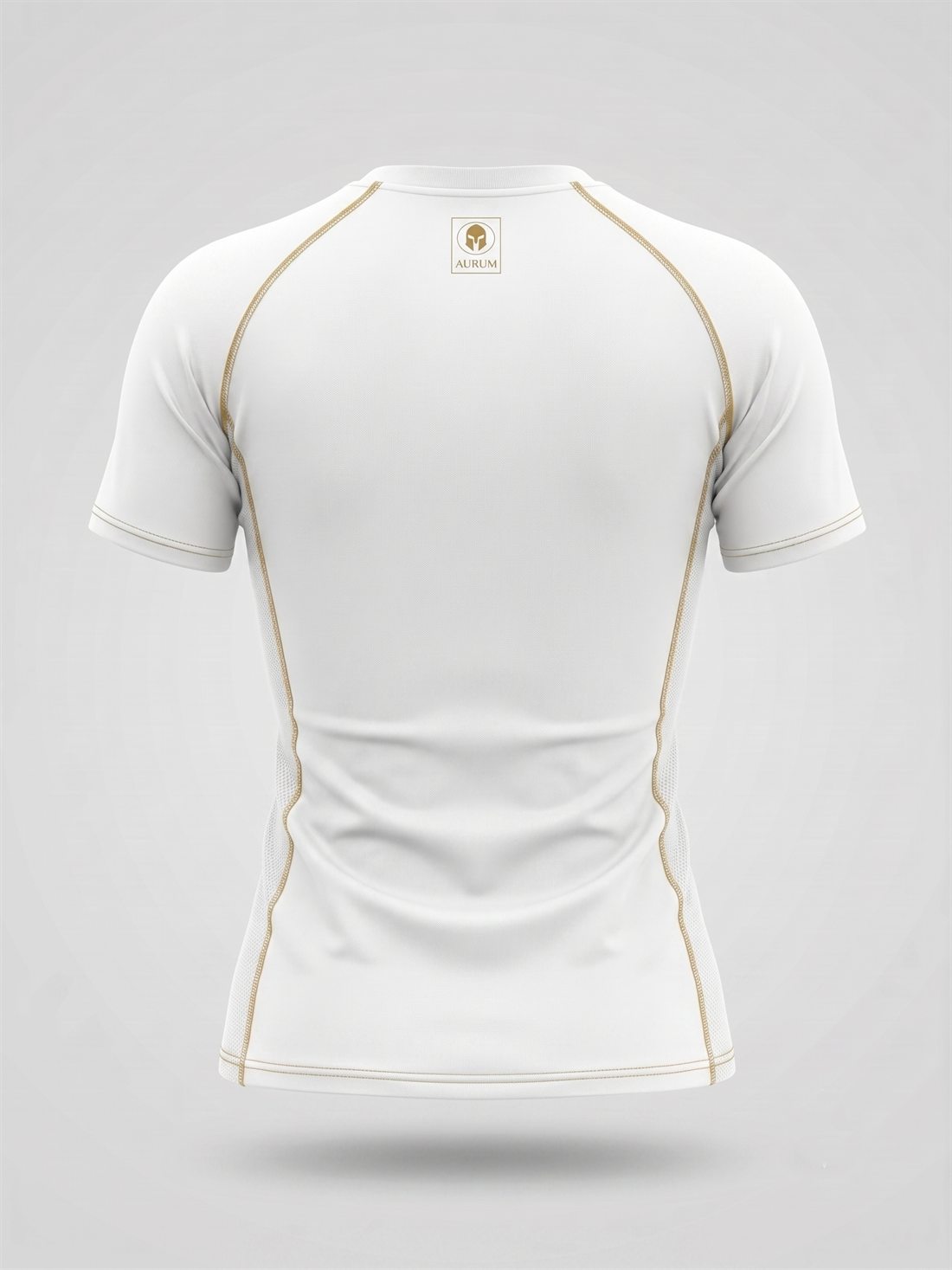 Rashguard AURUM Excellence branca feminina manga curta — pesponto dourado, costas