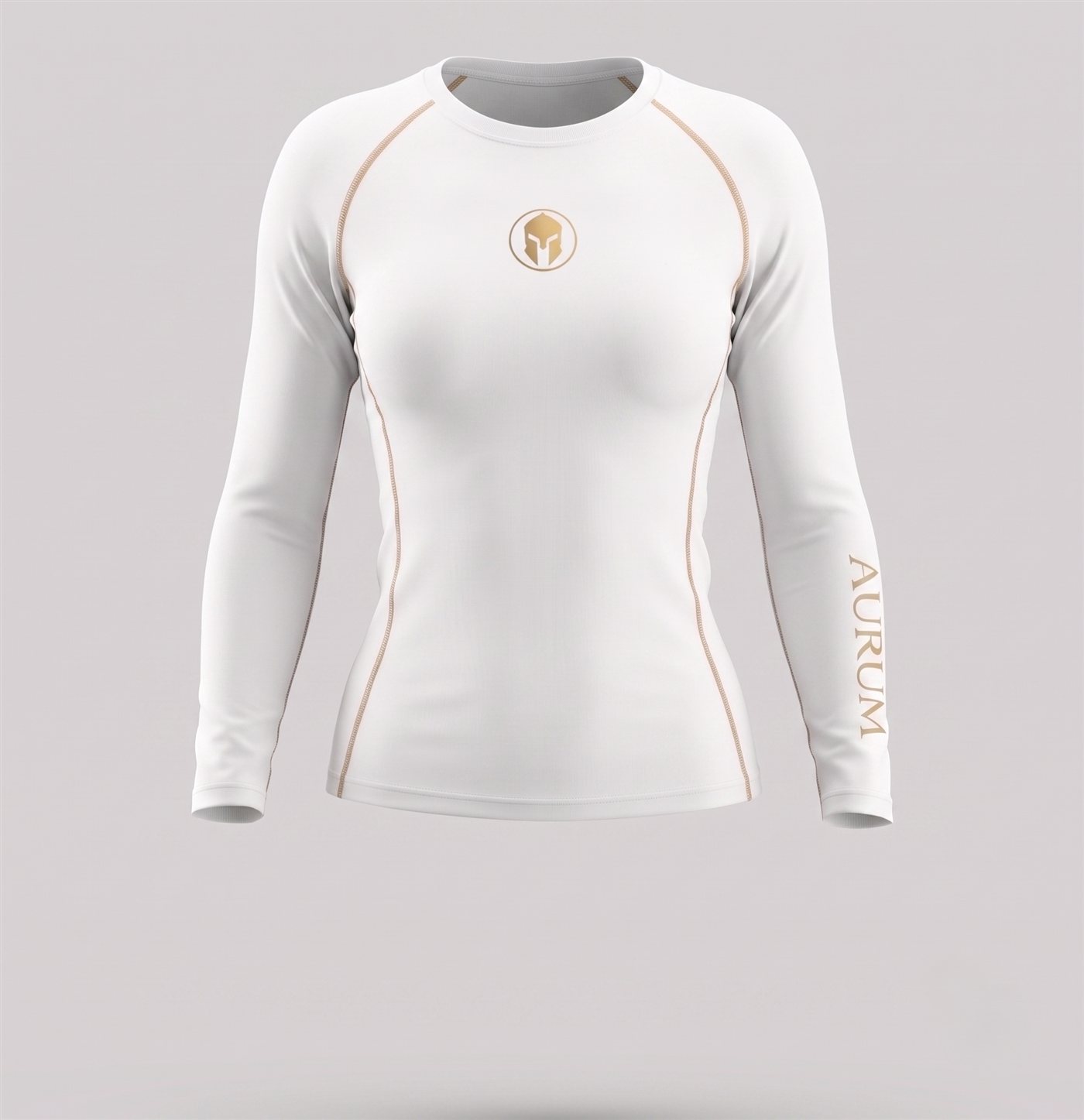 Rashguard AURUM Excellence branca feminina manga longa — logo e AURUM dourados, frente