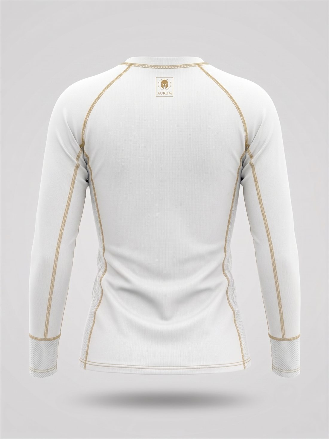 Rashguard AURUM Excellence branca feminina manga longa — pesponto dourado, costas