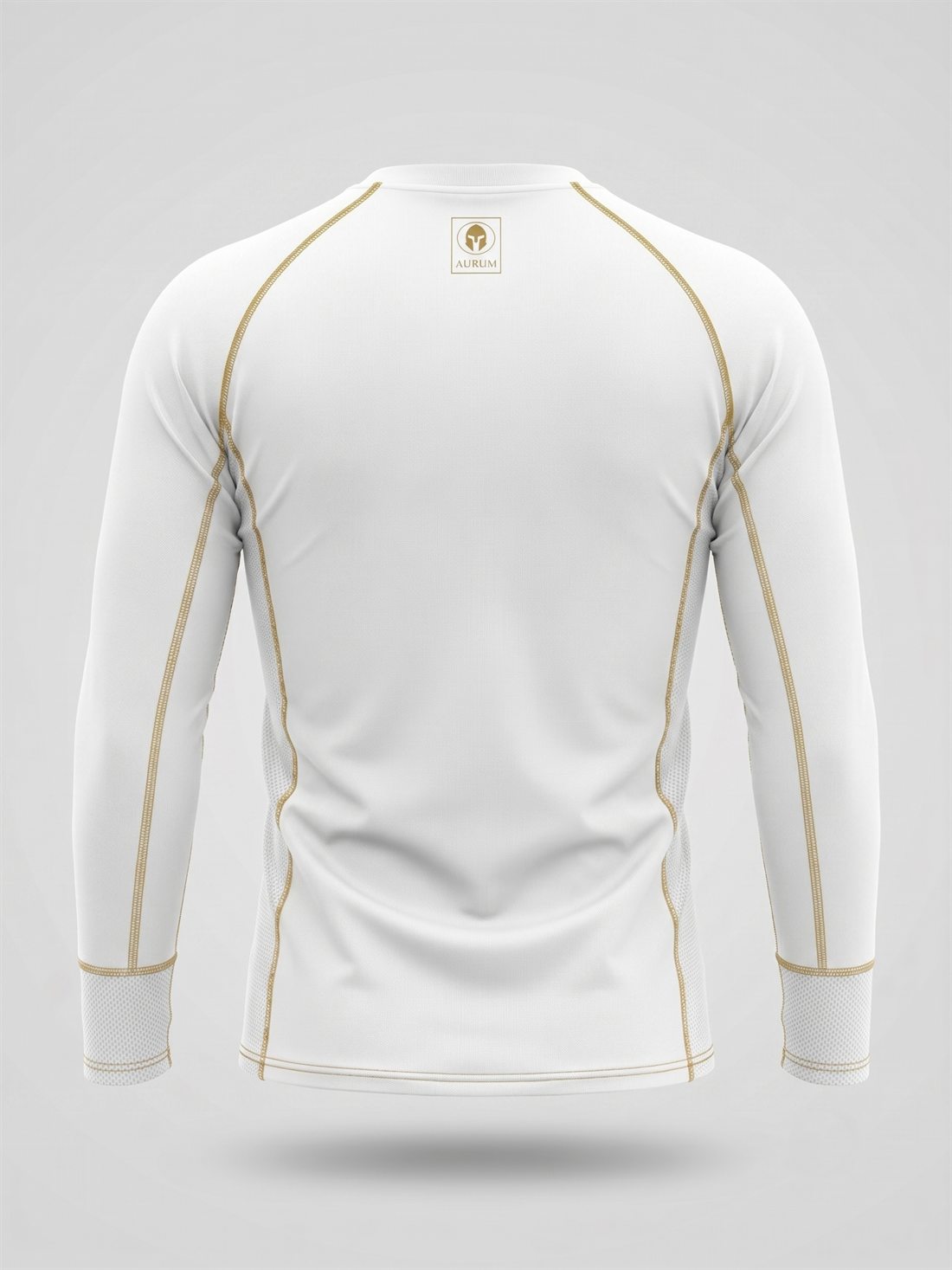 Rashguard AURUM Excellence branca manga longa — pesponto dourado, costas