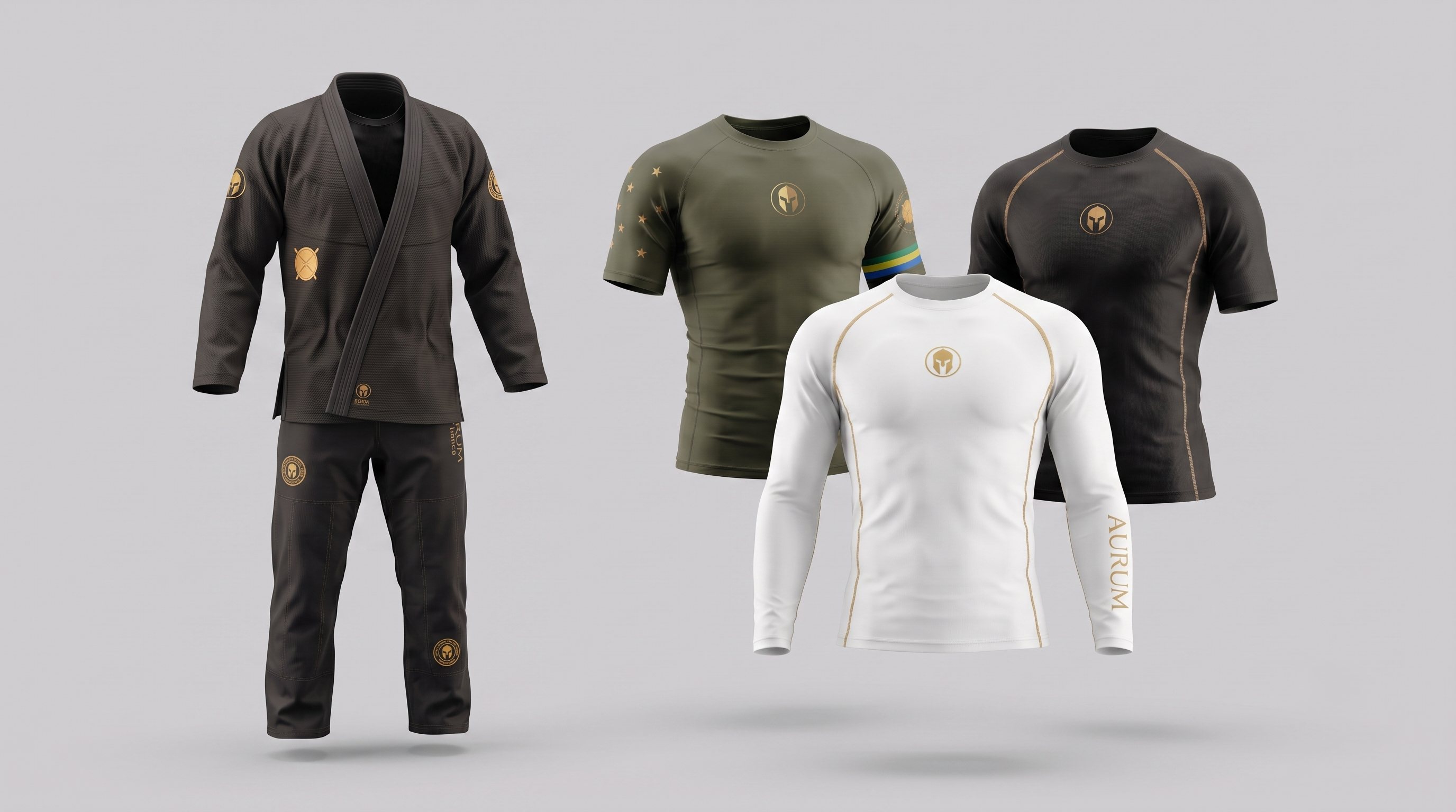 Kit AURUM Excelência no Cotidiano — kimono preto, rashguard verde militar com a bandeira do Brasil, rashguard preta e rashguard branca