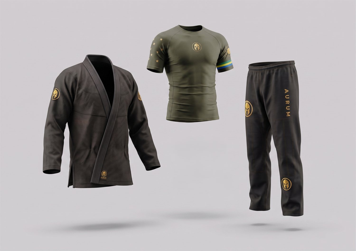 Kit AURUM Orgulho Brasileiro — kimono preto, rashguard verde militar com a bandeira do Brasil na manga, e calça preta AURUM