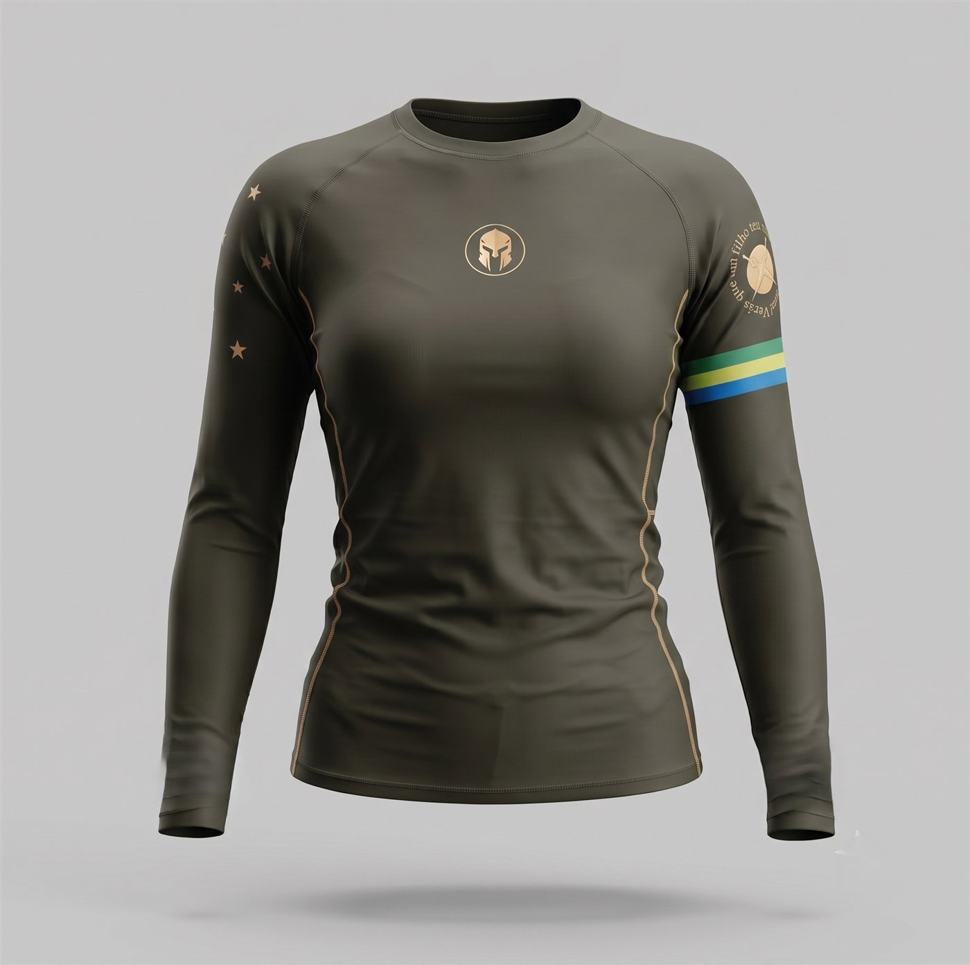 Rashguard AURUM Orgulho Brasileiro feminino manga longa — verde militar com estrelas e faixa da bandeira